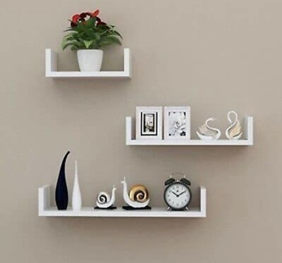 MAJESTIC MART Hanging Floating Wall Mount Display for Living Room Decoration U Shape Wooden Wall Shelf(Number of Shelves - 3, White)