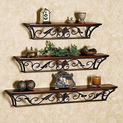 CraftInWood Iron Fancy Wall Hanging Shelf / Bracket - Wood Floating Display Wooden, Iron Wall Shelf(Number of Shelves - 3, Brown)