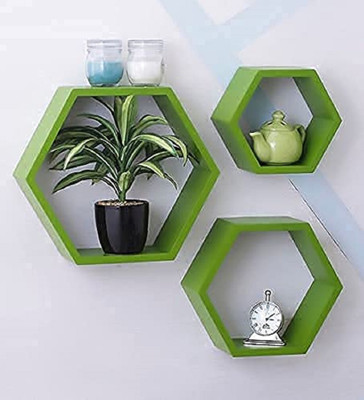 TFS Hexagon Floating Wall Mount Wall Shelf for Home/Living Room Decoration MDF (Medium Density Fiber) Wall Shelf(Number of Shelves - 3, Green)