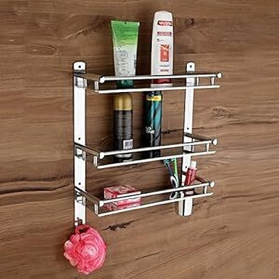 GLOXY 3-Layer Multipurpose Bathroom Rack Shelf with Tumbler Holder/Soap Holder(Silver)