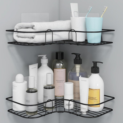 Nilkanth collection Sticker Mounted Bathroom Corner/ Shelf/ Rack/ Storage Organizer Iron Wall Shelf Stainless Steel Wall Shelf(Number of Shelves - 2, Black)