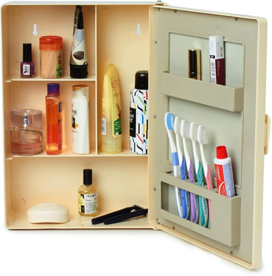 PGen Small (Size: 10x14x4 Inch) MINI Plastic Bathroom Mirror Storage Basin Cabinet Polypropylene Wall Shelf(Number of Shelves - 4, Beige)