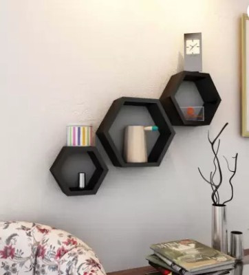 MS ENTERPRICES Hexagon Shelf Set, White Shelf, Wooden Shelf MDF (Medium Density Fiber) Wall Shelf(Number of Shelves - 6, Black)