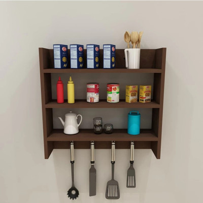 pndggroup Wooden Wall Mounted Rack with hooks, Organizer, Shelf for Kitchen Storage Boxes MDF (Medium Density Fiber) Wall Shelf(Number of Shelves - 3, Brown)