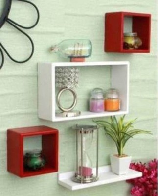 RASTWOOD cube patti Wooden Wall Shelf(Number of Shelves - 4, White, Red)