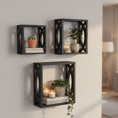 Diamond Handicraft Wooden Wall Shelf | Floating Storage Rack for Books, Plants & Decorative Items Wooden Wall Shelf(Number of Shelves - 3, Black)