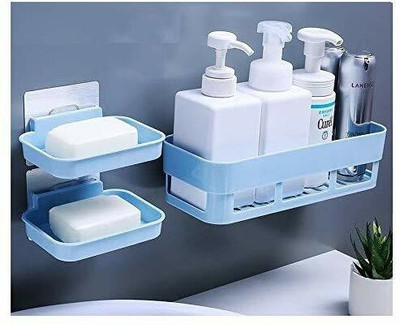 GKLTY 1 MULTIPURPOSE WALL SHELF 2 SOAP CASE FOR KITCHEN AND BATHROOM(Light, Blue)