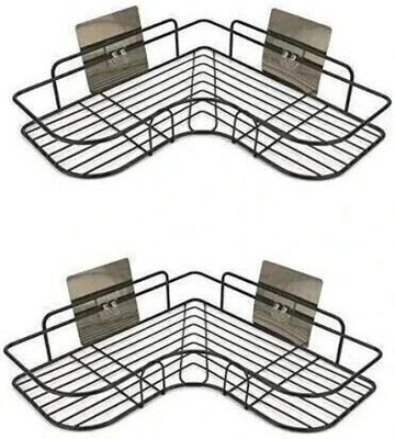 SIYA INFOTECH Self-Adhesive Metal Bathroom Corner Rack Storage Shelves, Shelf Organizer- Black Steel Wall Shelf(Number of Shelves - 2, Black)