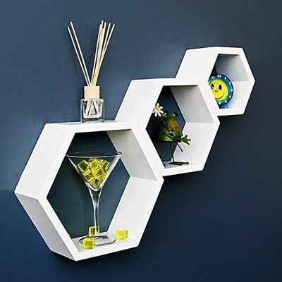 PraPooCraft Storage shelf's wall mount wall shelves book shelf display rack hexagon shape MDF (Medium Density Fiber) Wall Shelf(Number of Shelves - 3, White)