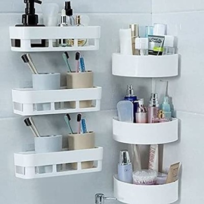 DEQTRON Kitchen, Bathroom ( 3 Bathroom Shelves + 3 Corner Triangle) (White) Plastic Wall Shelf(Number of Shelves - 6, White)