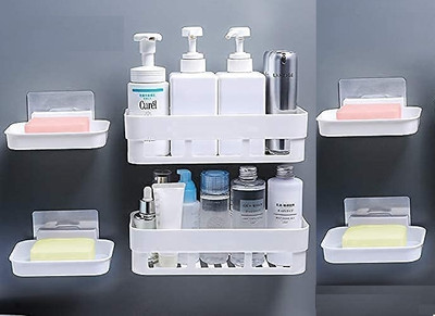 Qrex Pack Of 6 ABS Plastic Multiperurpose Home Kitchen Bathroom Accessories Traceless Self Adhesive Wall Mounted No Drill Soap Dish Holder And Bhathroom Shelves Stick for Shampoo; Conditioner Shower Caddy Rack Shelf with Strong Adhesive Magic Sticker (2 Bhathroom Shelves + 4 Soap Dish Holder,WhiteCo