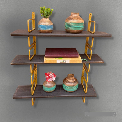 Hindwood Wooden Wall Shelf(Number of Shelves - 3, Gold, Brown)