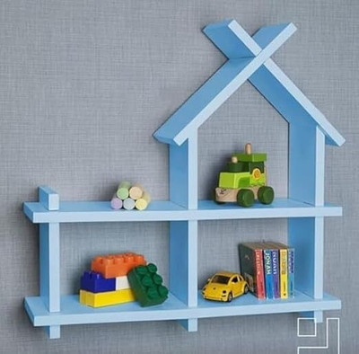 AXIMIANSTORE Wall Mounted Hut Shaped Wooden Display Shelf | Compact & Durable Wooden Wall Shelf(Number of Shelves - 1, Blue)