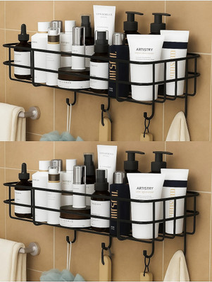 kridha Bathroom rack self with 4 hooks to hang towel and more hanging items Iron Wall Shelf(Number of Shelves - 2, Black)