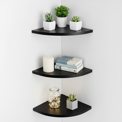 Diamond Handicraft Wall Mounted Floating Corner Shelf | Multipurpose 3 Tier Wooden Wall Shelf(Number of Shelves - 3, Black)