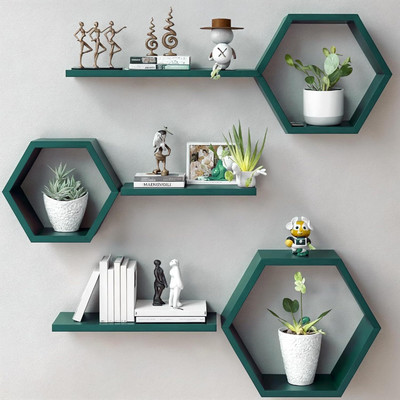 Diamond Handicraft Wooden Hexagonal Floating Wall Shelves, Wall Mounted Wooden Wall Shelf(Number of Shelves - 6, Green)