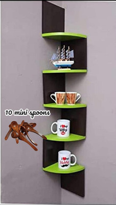 CraftOnline CraftOnline Wooden Wall Mounted Wall Zigzag Corner 5 Shelves With 10 Mini spoons Wooden, MDF (Medium Density Fiber) Wall Shelf(Number of Shelves - 5, Black, Green)