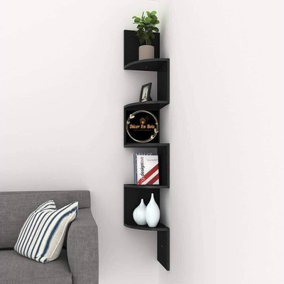 DecorEnBois Corner Zig Zag Wooden Wall Mounted Floating 5 Rack Shelf/ Shelves (BLACK) MDF (Medium Density Fiber) Wall Shelf(Number of Shelves - 5, Black)