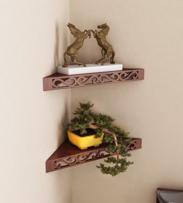 HOME SPARKLE Corner Floating Wall Shelf Set of 2 - Wooden Rack Shelves for Home Décor Wooden Wall Shelf(Number of Shelves - 2, Brown)