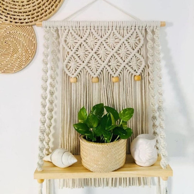 TMS Macrame wall Hanging Wooden Wall Shelf(Number of Shelves - 1, White)