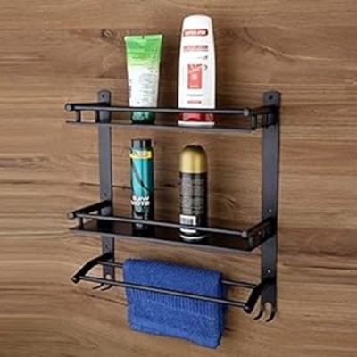 GLOXY 2 Layer Matt Black Finish Shelf with Towel Rod Shower Shelf Bathroom Organizer Stainless Steel Wall Shelf(Number of Shelves - 2, Black)