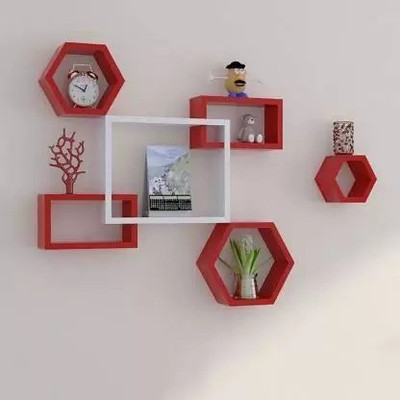 Woodenstories Wooden intersacting and hexa wall mounted wall shelves for living room shelf MDF (Medium Density Fiber) Wall Shelf(Number of Shelves - 6, Red, White)