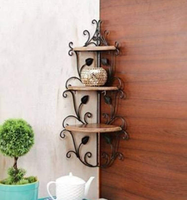 RSonewood WOODEN IRON CORNER SLAVES Wooden, Cast Iron Wall Shelf(Number of Shelves - 3, Black, Brown)