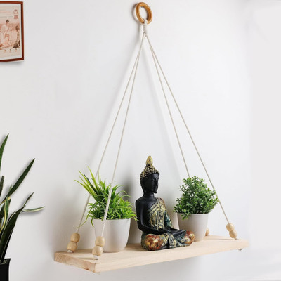 TIMJO Macrame Indoor Wall Hanging Shelf Chic Decor Wood Floating Boho Shelves(20 inch X 12 inch, OFF WHITE)