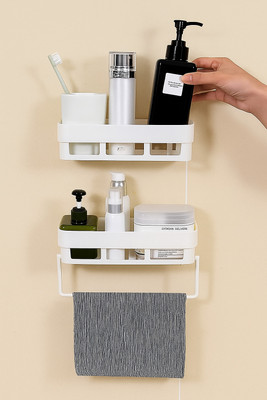 HATMEET PACK OF 3 | 2 Shelf Shelves & 1 Towel Hanger Plastic Plastic Wall Shelf(Number of Shelves - 3, White)