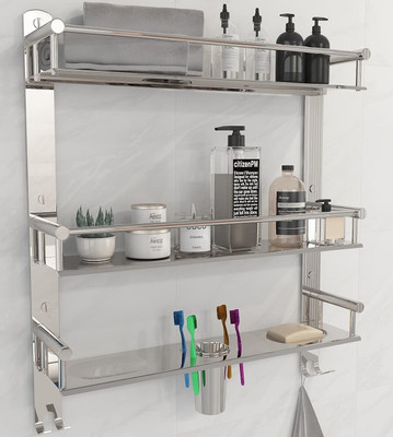 GRIVAN 3 Layer SS Multi-use Rack with Double Soap dish And Tumbler Holder Stainless Steel Wall Shelf(Number of Shelves - 3, Silver)