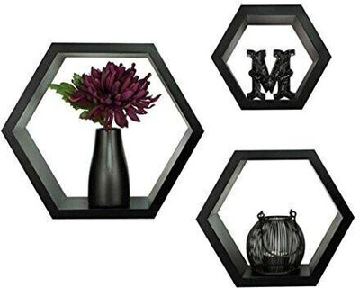 Eco Handicrafts home Decor Hexagon Shape Storage Wall Shelves MDF (Medium Density Fiber) Wall Shelf (Number of Shelves - 3, BLACK ) Wooden Wall Shelf(Number of Shelves - 3, Black)