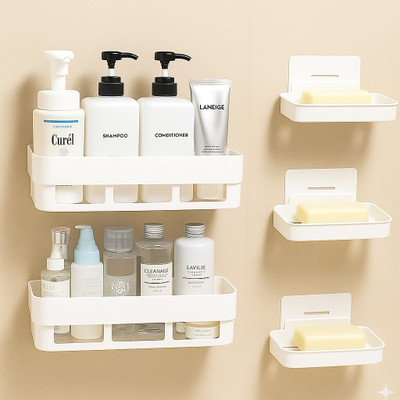 HATMEET Wall Mounted 2 PCS Shelves + 3 Pcs Soap Dish ABS Plastic Bathroom Accessories Plastic Wall Shelf(Number of Shelves - 5, White)