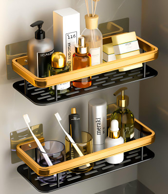 Vibecraft Bathroom Shelf for Wall | Wall-Mounted Organizer Rack & Holder Stand Aluminium Wall Shelf(Number of Shelves - 2, Gold, Black)