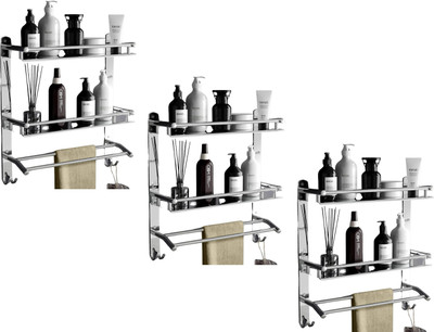GLOXY 3 Layer Multipurpose Bathroom Shelf with Double Soap Dish and Tumbler Stainless Steel Wall Shelf(Number of Shelves - 2, Silver)