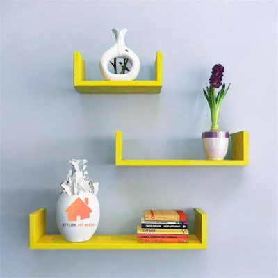 Stylish Art Maker U Rack Floating Wall Shelf (Set Of 3) MDF (Medium Density Fiber), Wooden Wall Shelf(Number of Shelves - 3, Yellow)