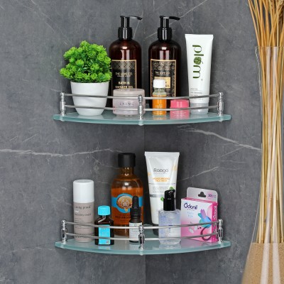 Garbnoire Frosted Glass Corner Shelf|Wall Mount Bathroom Accessories Home Decor Pack of 2 Glass, Stainless Steel Wall Shelf(Number of Shelves - 2, White)
