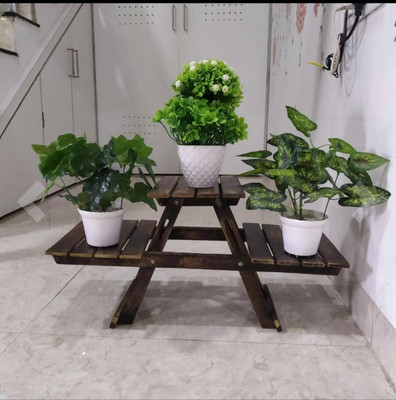 A M Enterprises Wooden Folding Rack Plant Stand with 3 Deck Wooden Stool / Flower Pot Stand | MDF (Medium Density Fiber) Wall Shelf(Number of Shelves - 3, Brown)