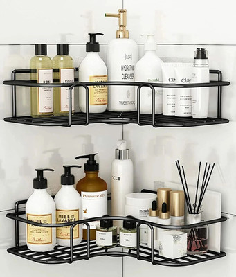 Frap Sticker Mounted 2-Tier Iron Bathroom Corner Shelf Rack Organizer – Black Iron Wall Shelf(Number of Shelves - 2, Black)