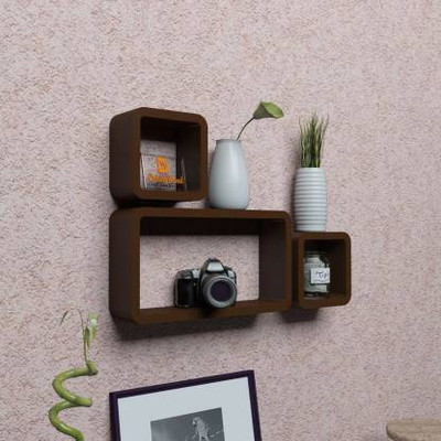 SOURAV'S COLLECTION Cube & 1 Rectangle Shape Mounted Rack Shelves Home Decor Wooden Wall Shelf MDF (Medium Density Fiber) Wall Shelf(Number of Shelves - 3, Brown)
