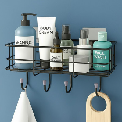 GRIVAN Self Adhesive Wall Mounted Rack With Hooks | Bathroom & Kitchen Shelf With Hooks Stainless Steel Wall Shelf(Number of Shelves - 1, Black)