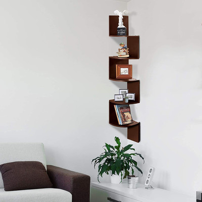 UNIQUE CRAFT HOUSE MDF Wall Mount Zig Zag 5 Tier Floating Wall Shelf For Home and Living Decor - Brown MDF (Medium Density Fiber), Wooden Wall Shelf(Number of Shelves - 5, Brown)