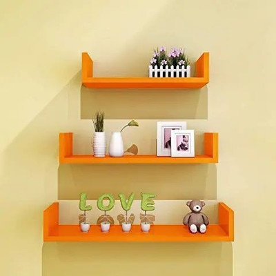 Hubwooden Best Wooden U Shape Floating Wall Shelves for Living Room Home Decor shelf Wooden, MDF (Medium Density Fiber) Wall Shelf(Number of Shelves - 3, Orange)