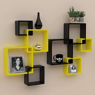 SAJAAVA Rafuf Wooden Intersecting Wall Shelves for Living Room & Hallway Wooden Wall Shelf(Number of Shelves - 8, Black, Yellow)