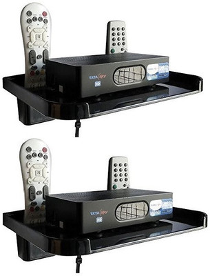 Taido Set Top Box Stand with 2 Remote Holder Wall Mount & Strong Set Top Box Stand Plastic Wall Shelf(Number of Shelves - 2, Black)
