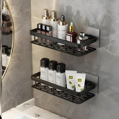 FLIPXEN Corner Bathroom Aluminum Rack Corner Storage Washroom Organizer Metal Frame Aluminium Wall Shelf(Number of Shelves - 2, Black)