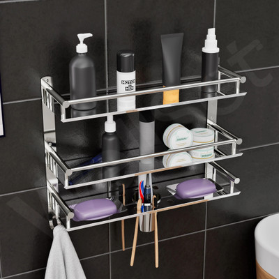 Well Set Multipurpose Bathroom & Double Dish&Tumbler&Soap&Tooth Brush Holder/Towel Stainless Steel Wall Shelf(Number of Shelves - 3, Steel)