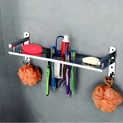 XTARX Double Layer Chrome Finish Wall Mount Kitchen Bathroom Rack, Shelf, 4 in 1 Stainless Steel Wall Shelf(Number of Shelves - 1, Steel)