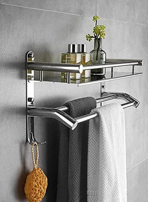 GRIVAN Multipurpose 2 Layer Bathroom Rack/Shelf/Stand With Towel Holder Stainless Steel Wall Shelf(Number of Shelves - 2, Silver)