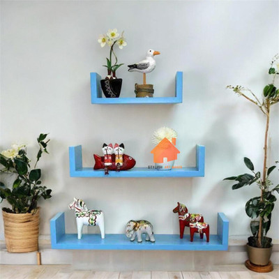 Stylish Art Maker U Rack Floating Wall Shelf (Set Of 3) MDF (Medium Density Fiber), Wooden Wall Shelf(Number of Shelves - 3, Blue)