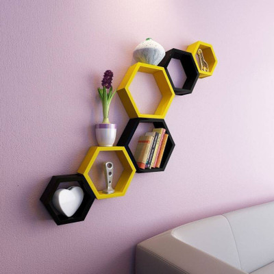 KHUSUBHDECOR Wooden Wall Shelf(Number of Shelves - 6, Yellow, Black)
